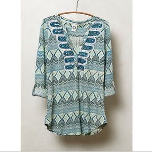 Anthropologie Sz L Embellished Printed Henley EUC